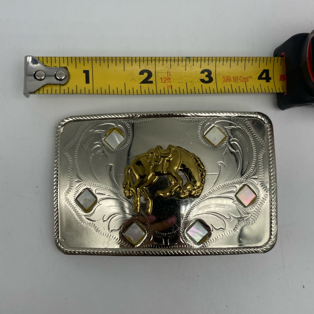 Nickel silver and opal bronco belt buckle